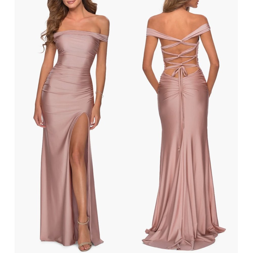 NWT La Femme 28506 Off the Shoulder Satin Trumpet Gown Maxi Dress Mauve 0 FLAWED